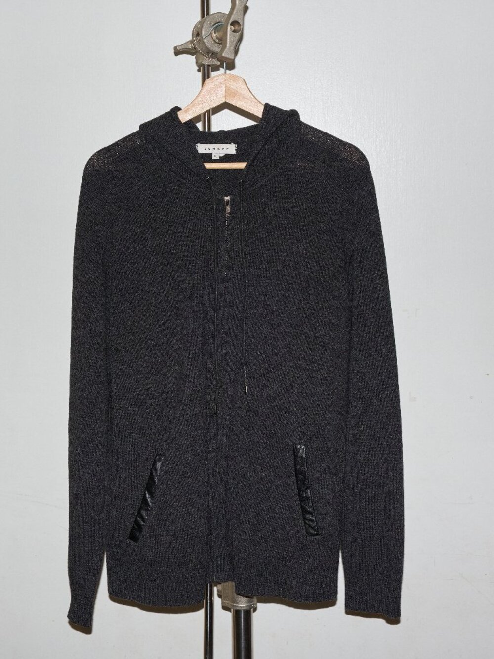 Sandro Paris Lambswool Men’s Charcoal Gray Knit Zip Hoodie Cardigan XL Leather T
